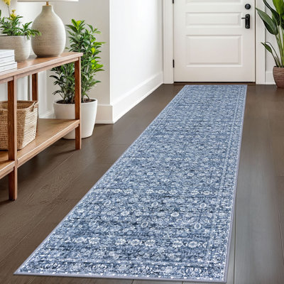 Tapis bleu lavable pour tapis de chambre à coucher avec envers en caoutchouc