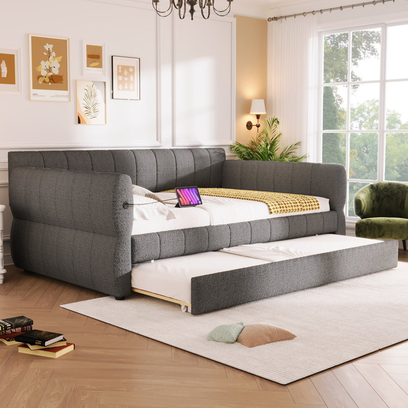 Queen Size Upholstered Platform Bed with USB Charging & Trundle, Gray, Sturdy & Space-Saving for Bedroom or Guest Room, Gray