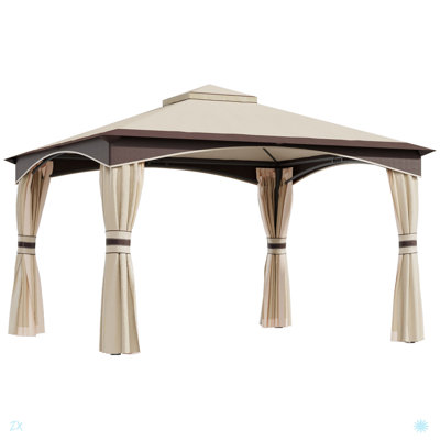 10' X 12' Outdoor Gazebo With Netting And Curtains, Patio Gazebo Canopy With 2-Tier Soft Top Roof And Steel Frame For Lawn, Garden, Backyard And Deck