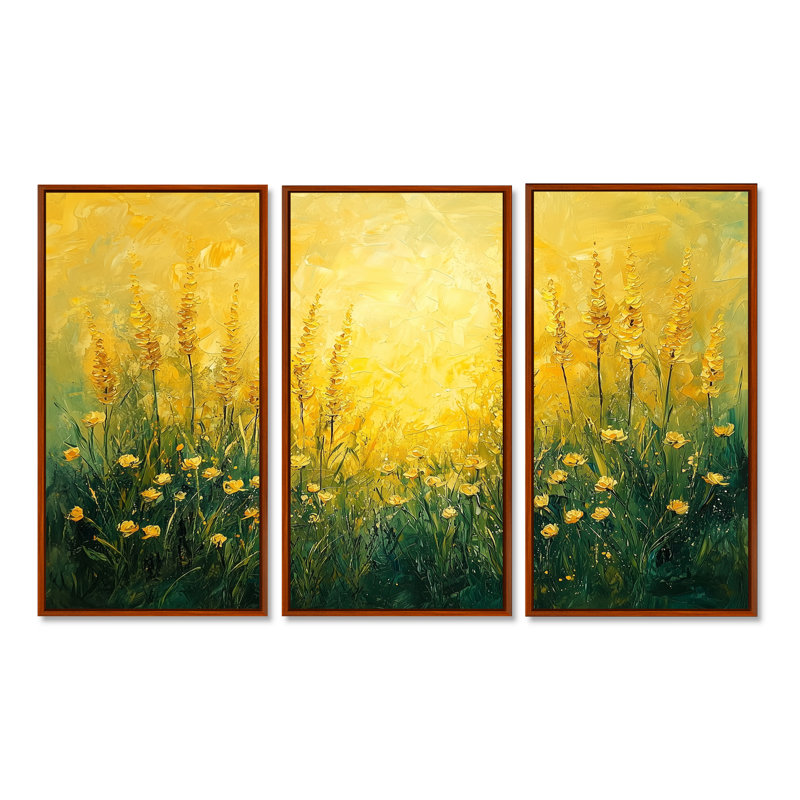«Golden Wildflowers», 3 pièces, H 28 po x l 36 po, Impression encadrée sans passe-partout, Brun