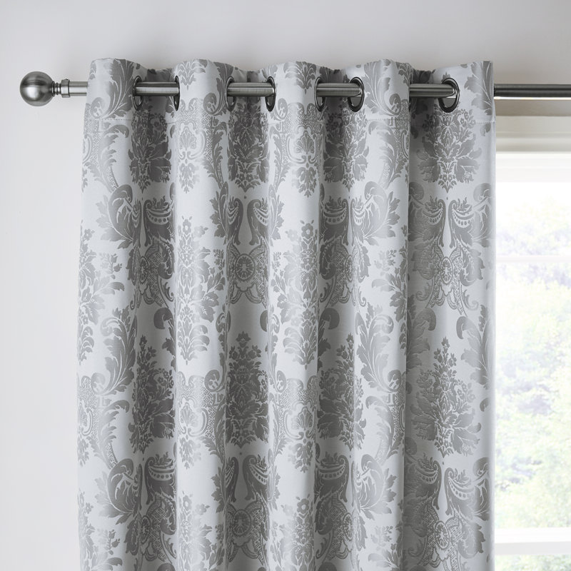 Damask Jacquard Lined Eyelet Curtains Silver Grey, 168 W x 229 D cm