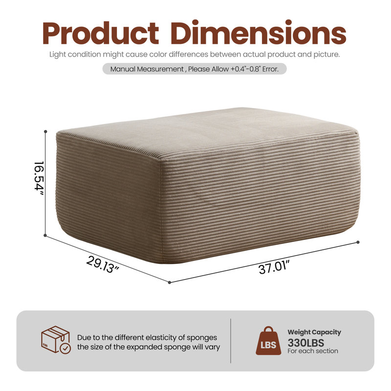 Vivelle 37'' Wide All-Foam Upholstered Ottoman No Assembly Needed, Cream Corduroy