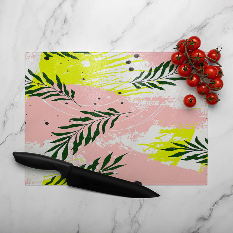 Leaves On Brush Strokes Glass Chopping Board, 40cm L x 28cm W