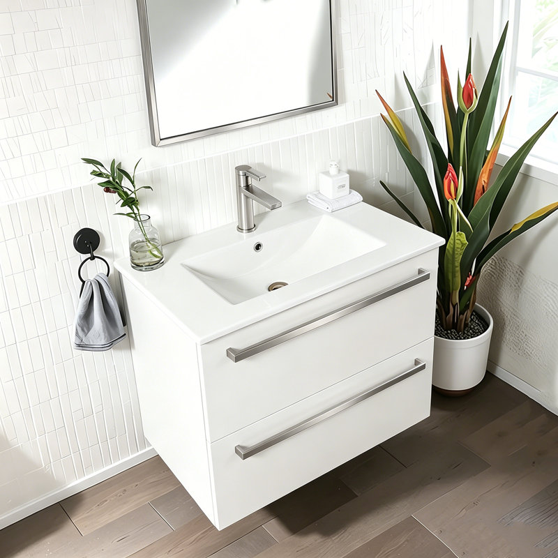 30“ Modern White Wall Mounted  Single Bathroom Vanity with Ceramic Top, white