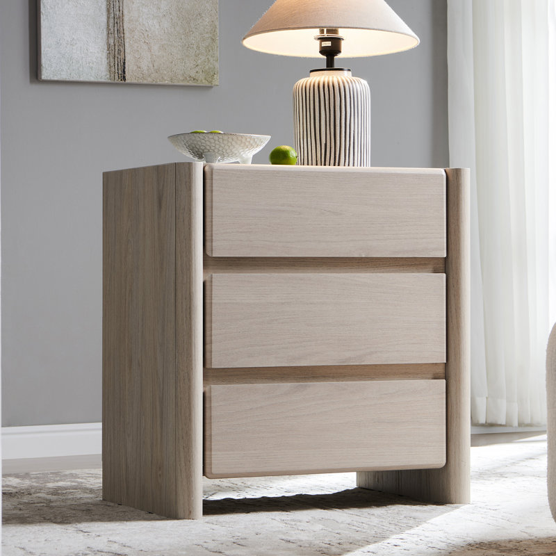 Bolanos 25" Tall Modern End Table with Charging Station & 3 Storage Drawers , Wood Side Table w/Rounded Corner Design for Bedroom