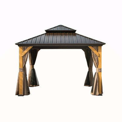 Pavillon de jardin 12 pi x 12 pi avec toit rigide en bois de cèdre avec double toit en acier galvanisé, pavillon extérieur permanent en métal avec rideaux et filet pour patio, cour et pelouse