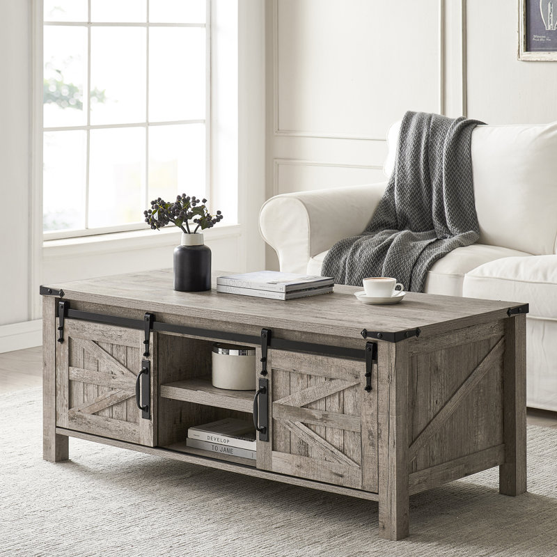 Table basse Farmhouse 48 "avec porte de grange coulissante et tablette réglable, Chêne rustique pâle