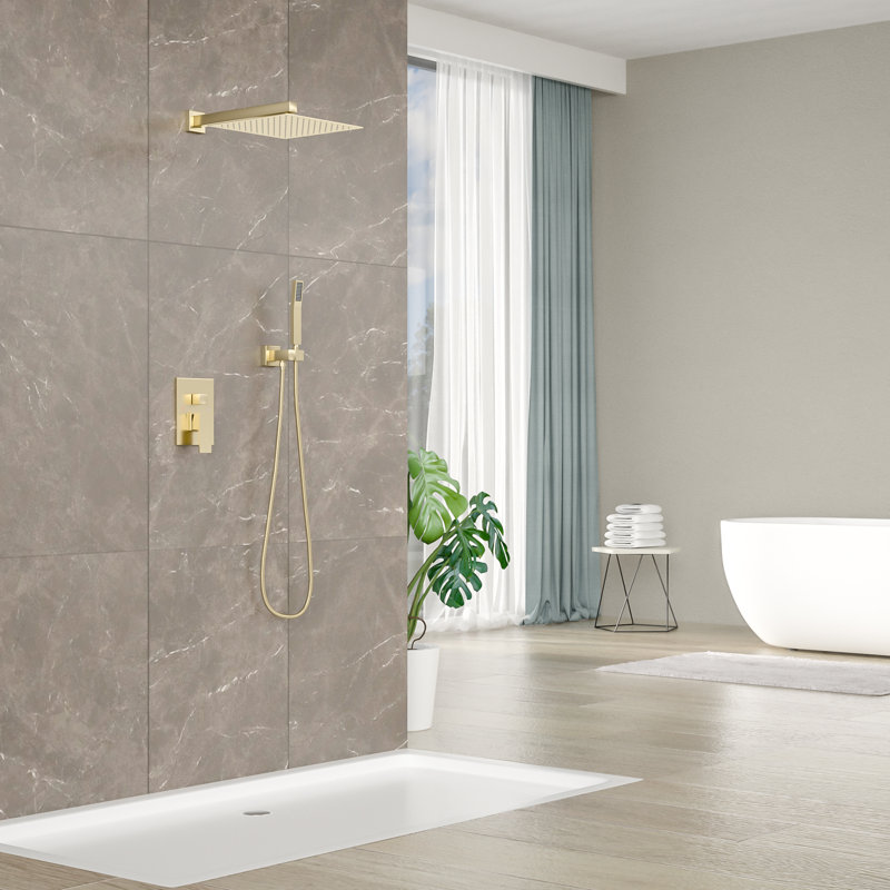 Système de pomme de douche, douchette de pluie carrée murale en acier inoxydable de 12 pouces avec valve, Or brossé