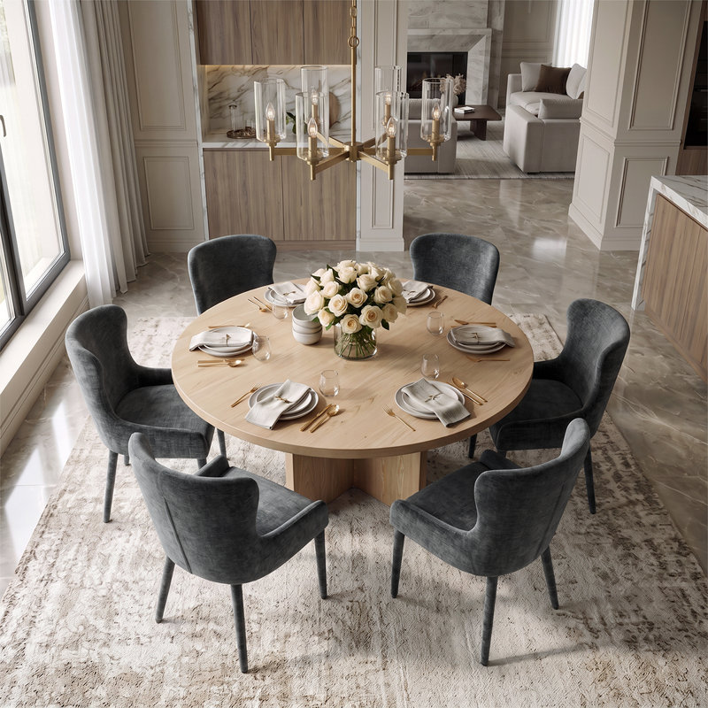 Ensemble de salle à manger rond de 60 pouces en placage de bois avec piédestal et fauteuils à oreilles en chenille, Gray