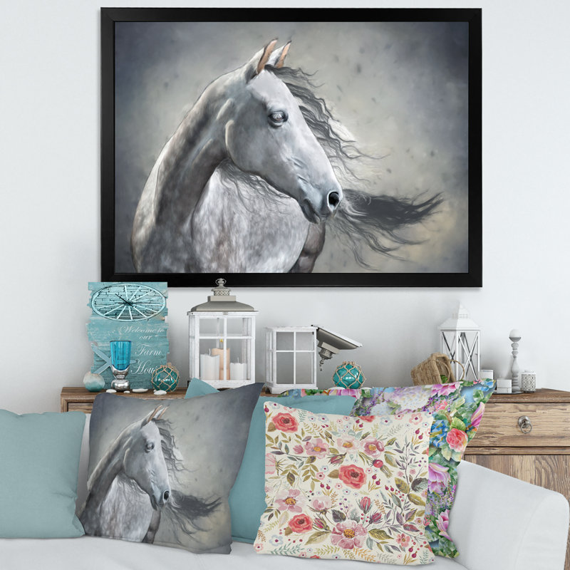 Portrait monochrome d'un cheval sauvage - peinture sur toile, H 16 po x l 32 po x p 1 po, Cadre noir