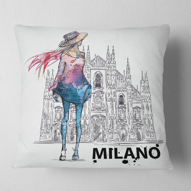 Girl on a Milano Duomo - Coussin décoratif imprimé Street Art, 16 po x 1 po, Carré
