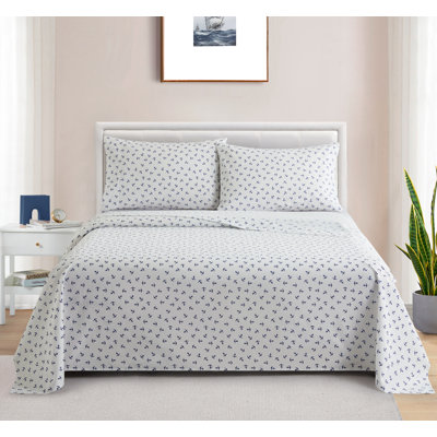 Marina Decoration 600 Thread Count Home Bedding Bedroom Soft Bedsheet Deep Pocket Hotel Standard Percale All Season 4 Pieces Printed Cotton Sheet Set, Blue Nautical Anchor Pattern Double/Full Size