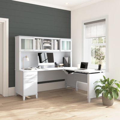 Paelynn 72” L-Shaped Sit to Stand Desk with Hutch, Adjustable Height, Storage, Modern Wood, White