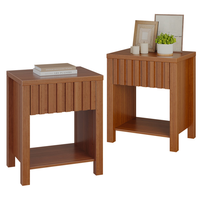 23.6” Tall End Table Set With Drawer, Nightstand With Storage Shelf For Living Room, Bedroom, Brown