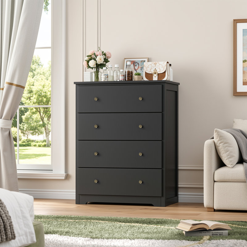 Commode à 4 tiroirs, commode et commode en bois Naewe, Noir
