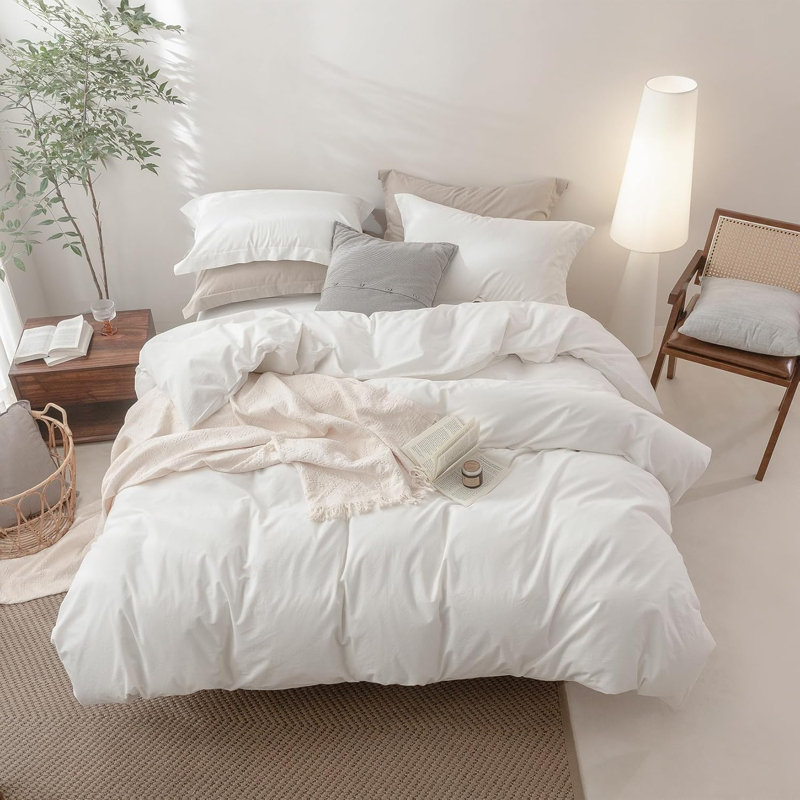 Nayoroom Washed Cotton Plain Breathable Simple and stylish Duvet Cover Set, White, Queen Duvet Cover + 2 Standard Pillowcases