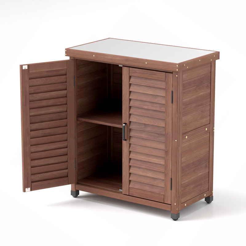 Banc de rempotage avec armoire de rangement et plateau de table en métal pour l'extérieur / patio