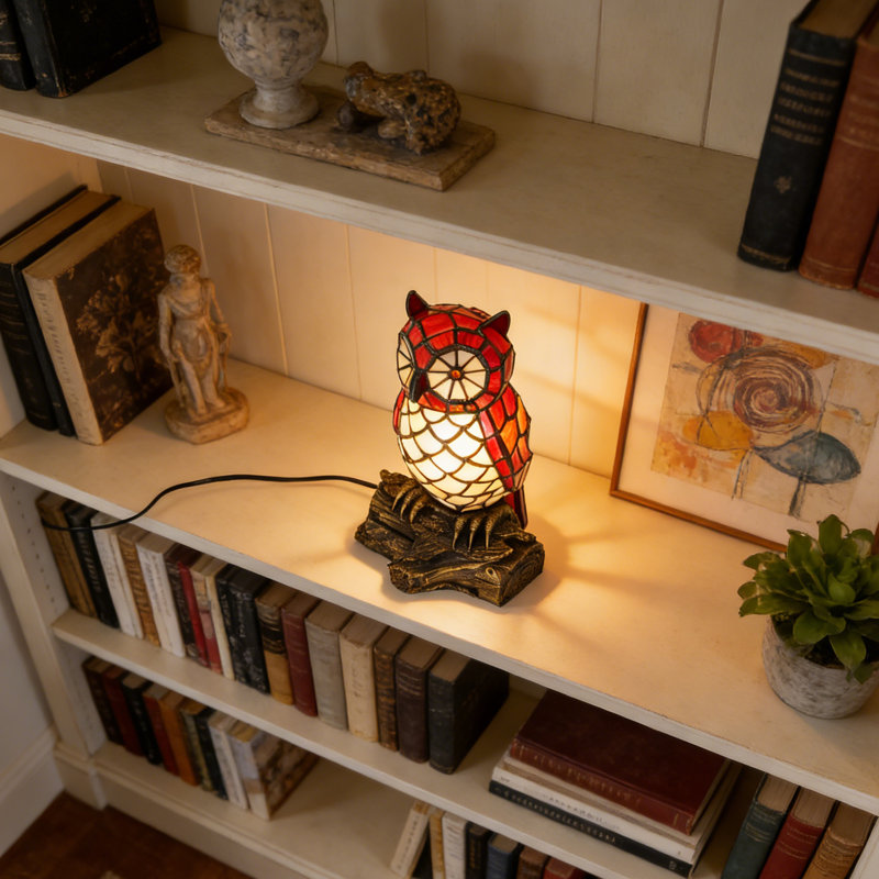 Owl Shaped Tiffany Stained Glass Table Lamp - Decorative Night Light With Rustic Resin Wood Base