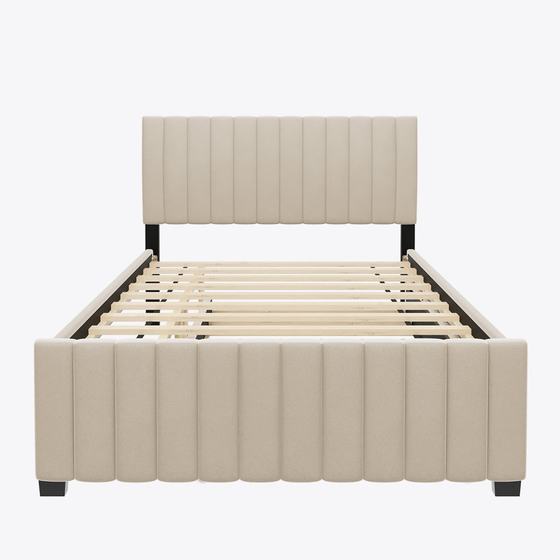 Lit plateforme double en velours avec lit gigogne simple, beige, Beige