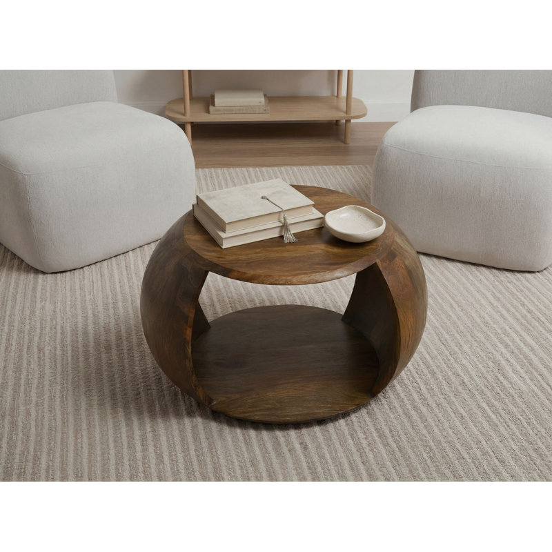 Round Solid Mango Wood Coffee Table with Storage Shelf