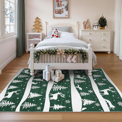 Christmas  Area Rug with Tree and Reindeer, Low Pile Non-Slip Washable Rug for Living Room Holiday Decor