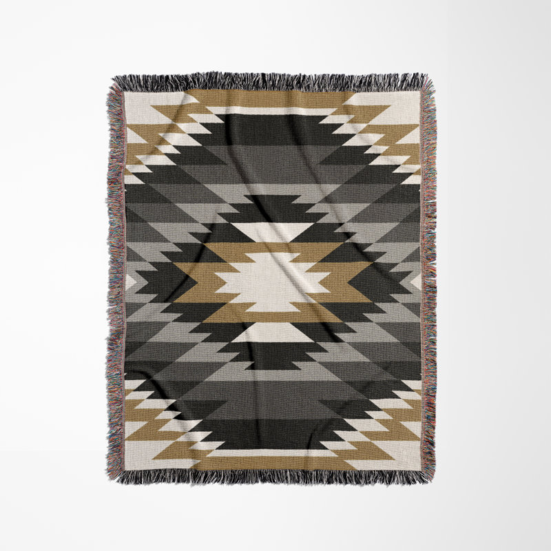 Couverture en mélange de coton Zio South Western, L 70 po x l 50 po, Noir / gris / or terne / blanc cassé