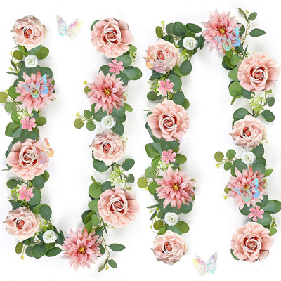 Paquet de 2 guirlandes de roses roses et d'eucalyptus, fausses vignes en soie de 5,9 pi avec papillons 3D, décoration arche de mariage