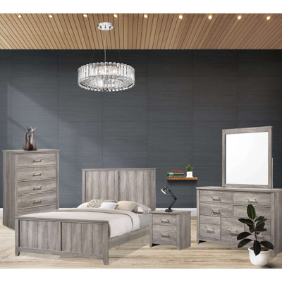 Ensemble de chambre à coucher 5 pièces très grand lit de style contemporain gris avec lit à panneaux, commode, miroir, commode et table de chevet