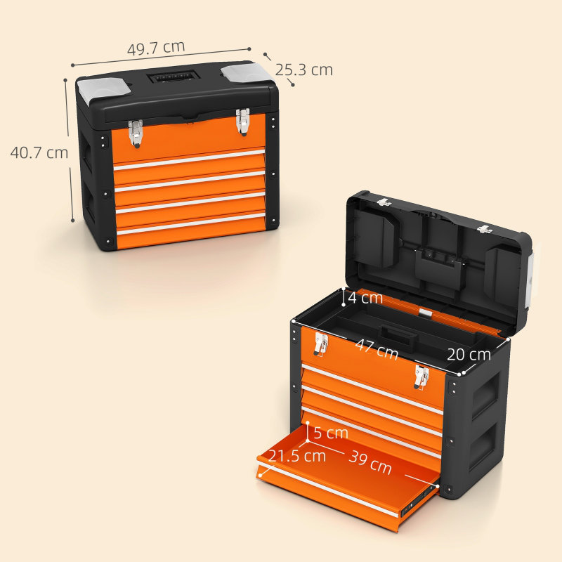 Toolistry 4 Drawers Large Toolbox Heavy-Duty Steel with Smooth-Sliding Drawers and Rust-Resistant Finish., Orange