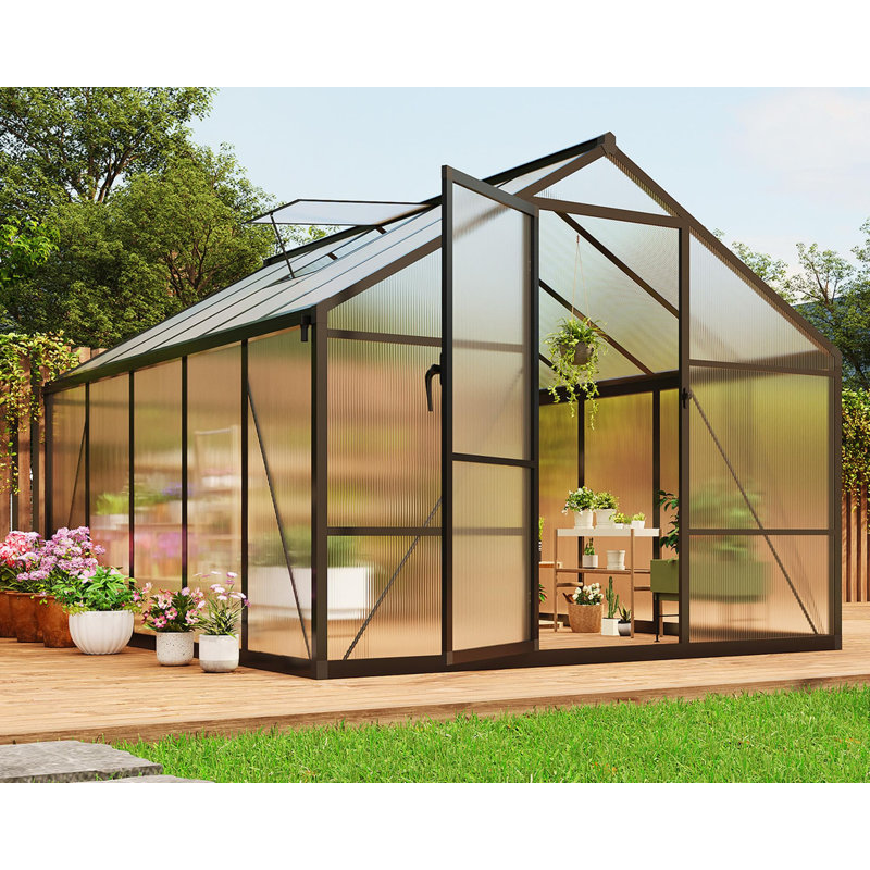 8x10 ft Polycarbonate Greenhouse with Adjustable Roof Vent & Lockable Door, Heavy-Duty Aluminum Frame, Slide-In Panel Assembly, Snow & Wind Resistant, Rainwater Collection System, Backyard Garden Greenhouses