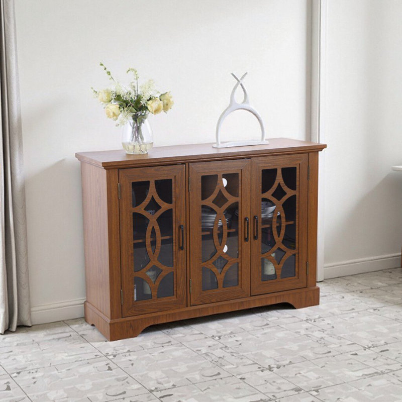 Dark Oak Spacious Buffet Cabinet with 3 Tempered Glass Doors & Adjustable Shelves, 48.66" W Storage Sideboard for Dining Room, Living Room, or Kitchen