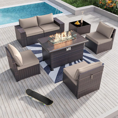 7-Piece Wicker Patio Conversation Set With Cushions,Coffee Table And Outdoor Fire Pit Table With Aluminum Top, PE Rattan Base, And  White Glass Wind Guard