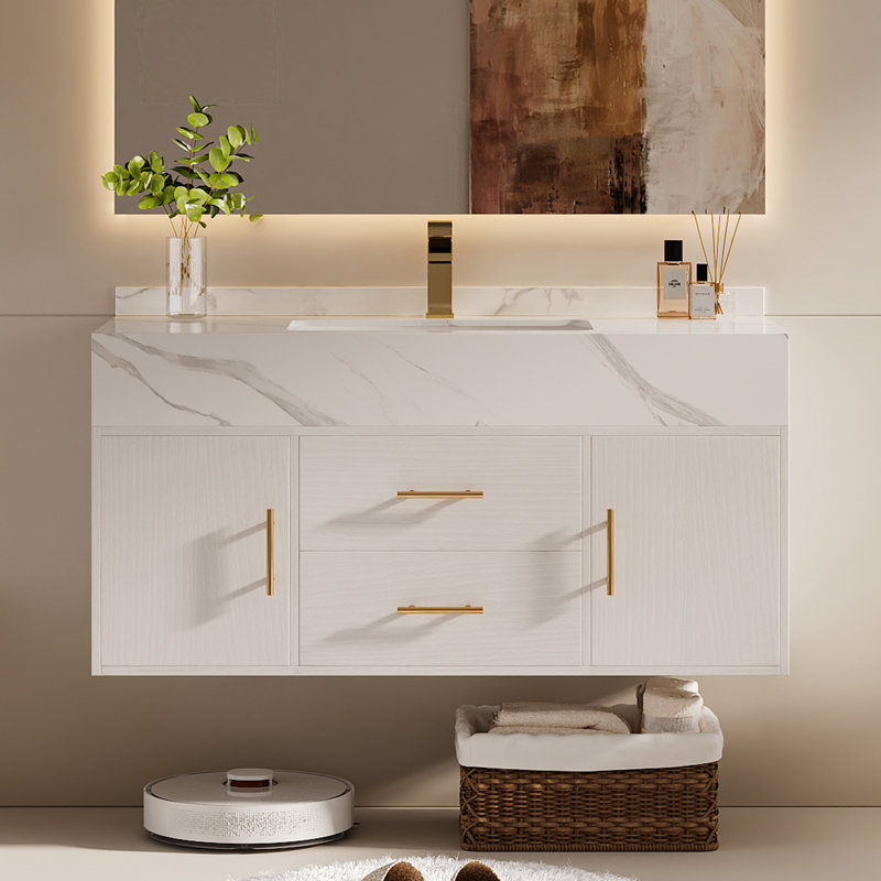 Ensemble de meuble-lavabo moderne en pierre frittée flottante noire avec lavabo 39,4 po Ivanbrook, Blanc