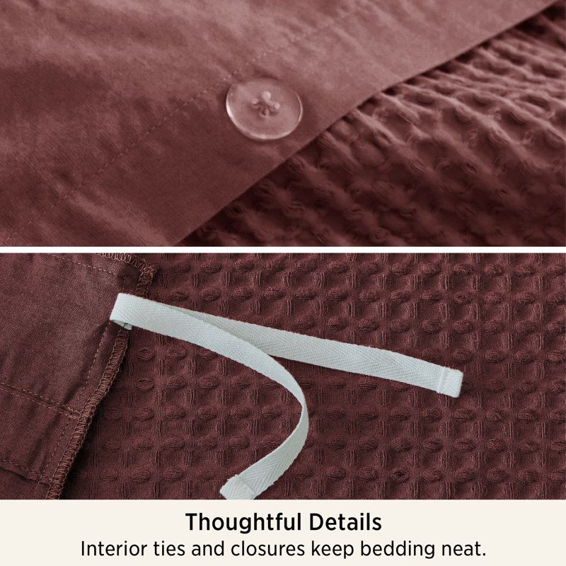 Ensemble de literie 100% coton tissé gaufré rouge pour lit toutes saisons (ensemble de 3), Maroon Red