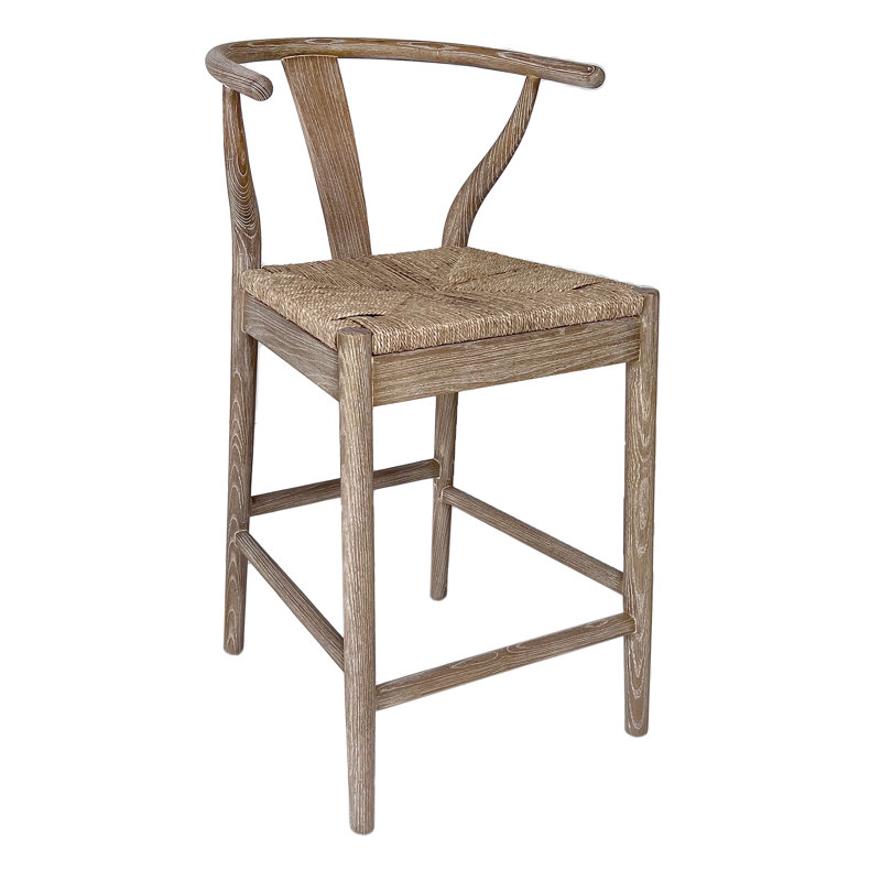 Buchholtz Natural Oak and Natural Woven Wicker Wishbone Back Dining Counter Stool, Black