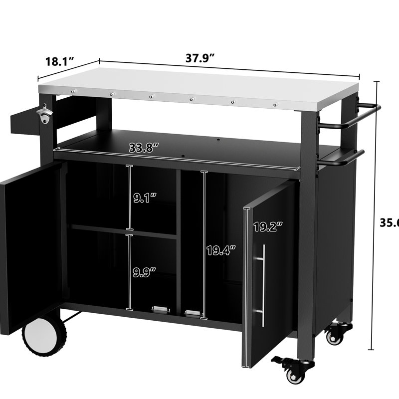 Chariot extérieur pour barbecue avec support à épices et poignée à pousser - pratique pour griller, plateau de table en acier inoxydable à roulettes noires facile à déplacer,