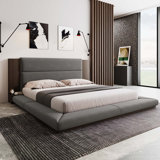 Floor Upholstered Platform Bed With Extended Wood Headboard & Bedside Shelf