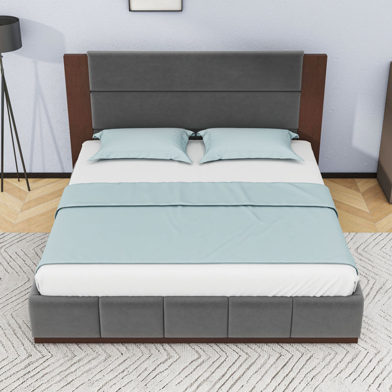 Lit plateforme tapissier avec tête de lit et base en bois robuste, Gris, Très grand lit