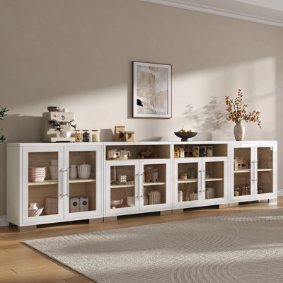 Bhhatu 126'' W Modular Glass Display Cabinet with Open Shelves, White