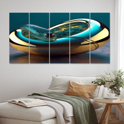 Rythme de l'infini turquoise sphère dorée IV - art mural abstrait fractal salon - 5 panneaux égaux