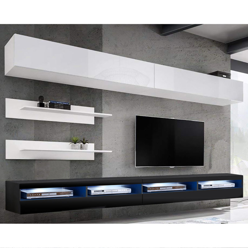 Meuble audio-vidéo mural flottant moderne de 126 po avec éclairage à DEL 16 couleurs Bellago, Blanc / Noir