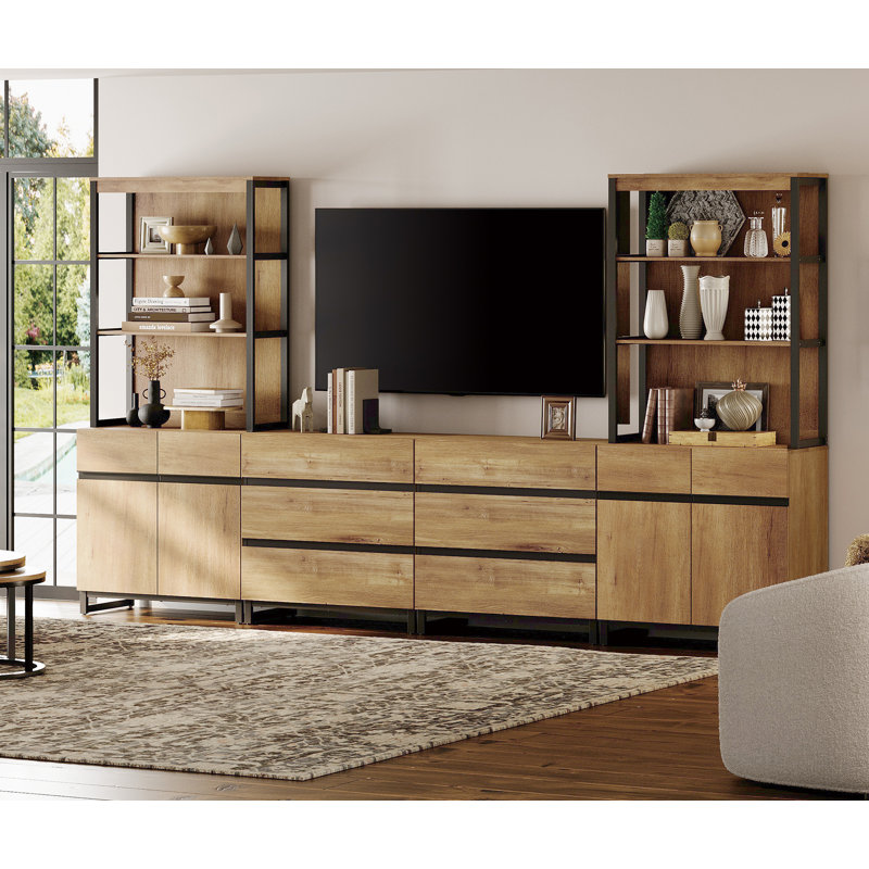 Aadam Modern TV Stand With 3 Tiers Bookshelf, Farmhouse Entertainment Center With 2 Storage Cabinets And 6 Drawers, Wooden Media TV Console With Black Metal Leg For Living Room