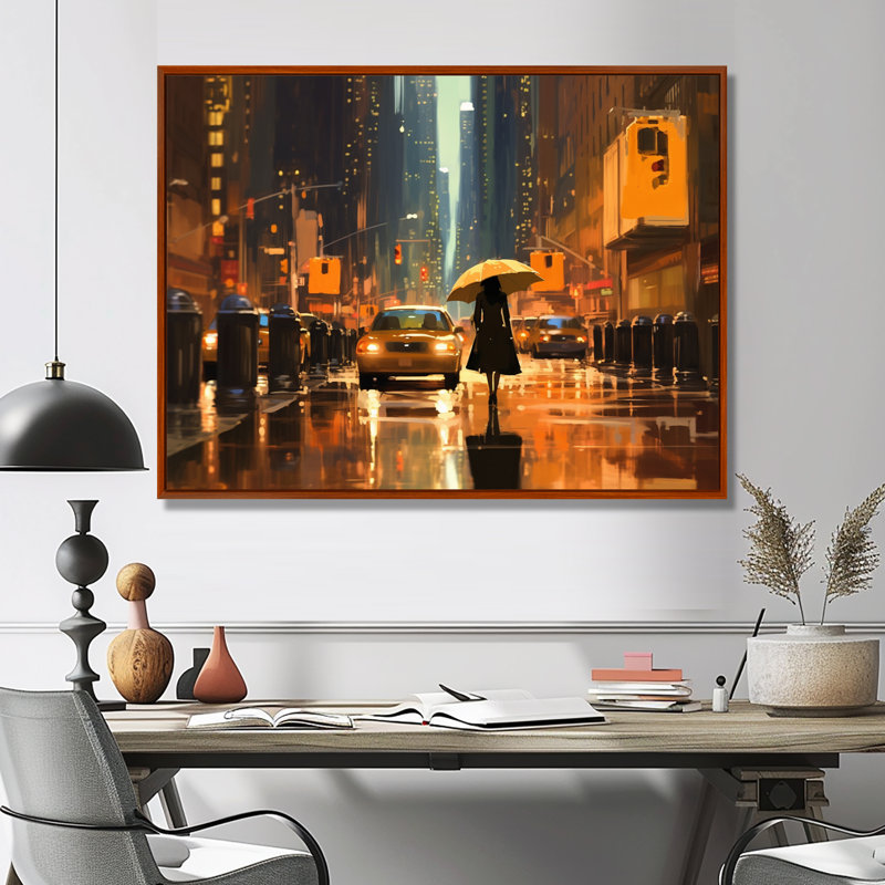 «Yellow Cab», parapluie jaune, pluie de New York - art mural de New York, Cadre flottant brun, H 12 po x l 20 po