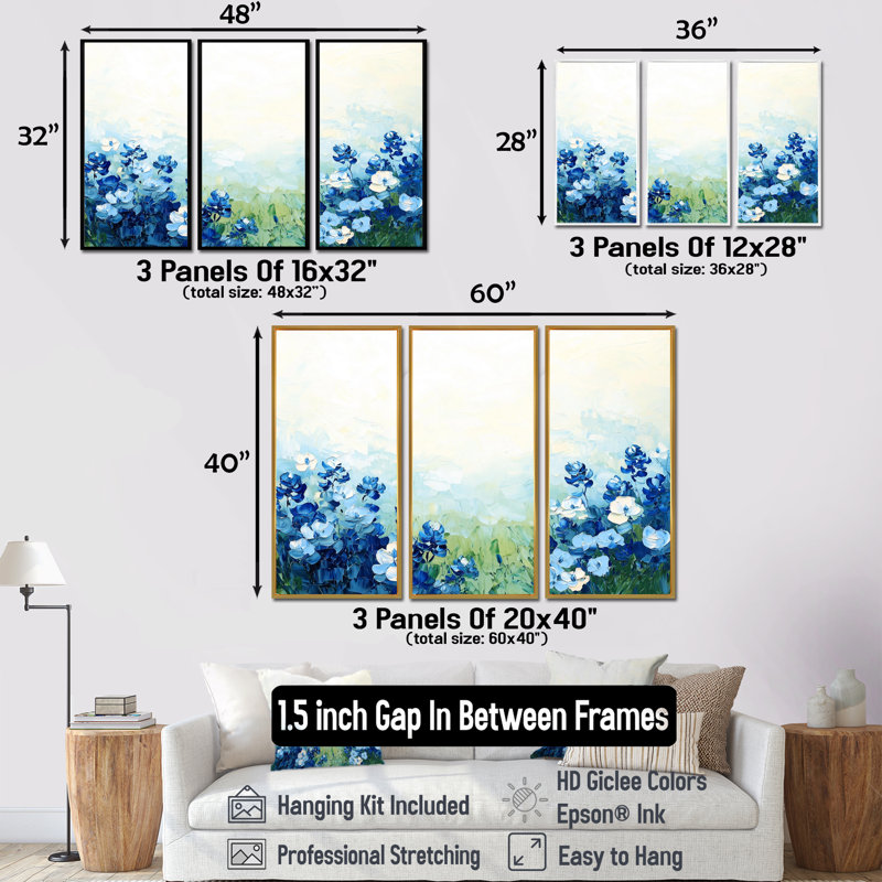 Texas Bluebonnet Field I - ensemble d'art mural Texas, H 28 po x l 36 po, Reproduction avec cadre flottant, Blanc
