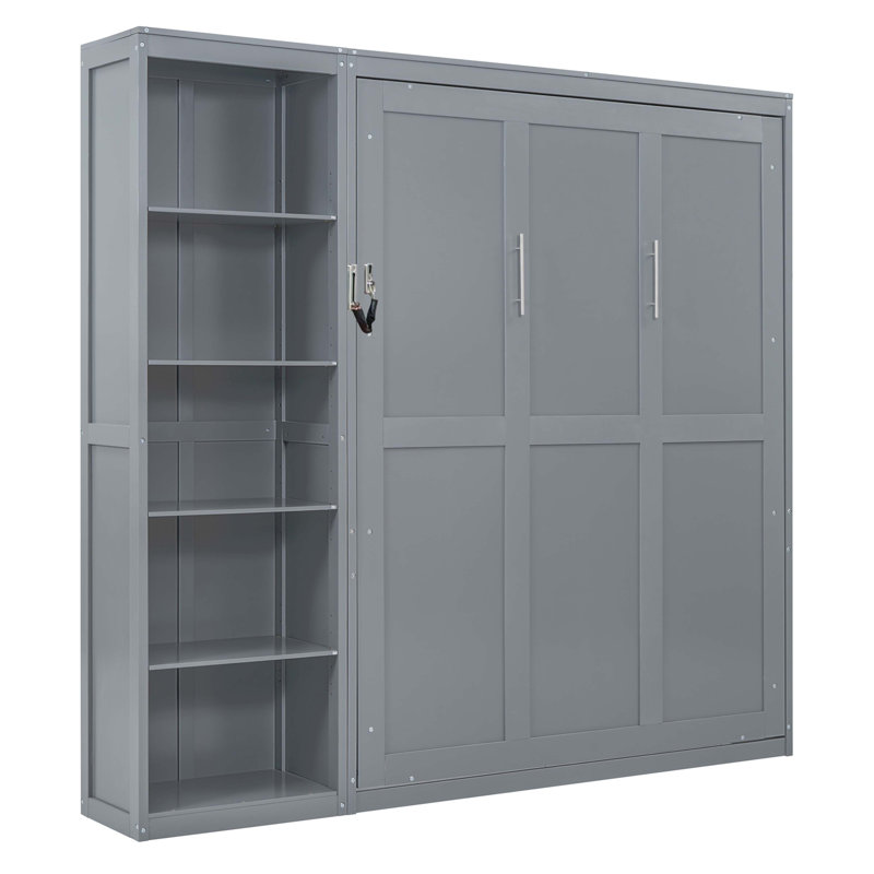 Grand lit escamotable mural avec tablettes, Gris
