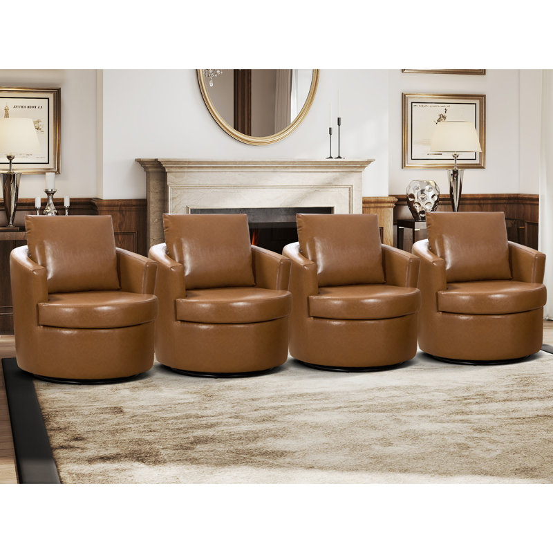 Fauteuil d'appoint pivotant en tonneau en cuir végétalien moderne 32,3 po de largeur avec accoudoirs courbés et coussin amovible (ensemble de 4)