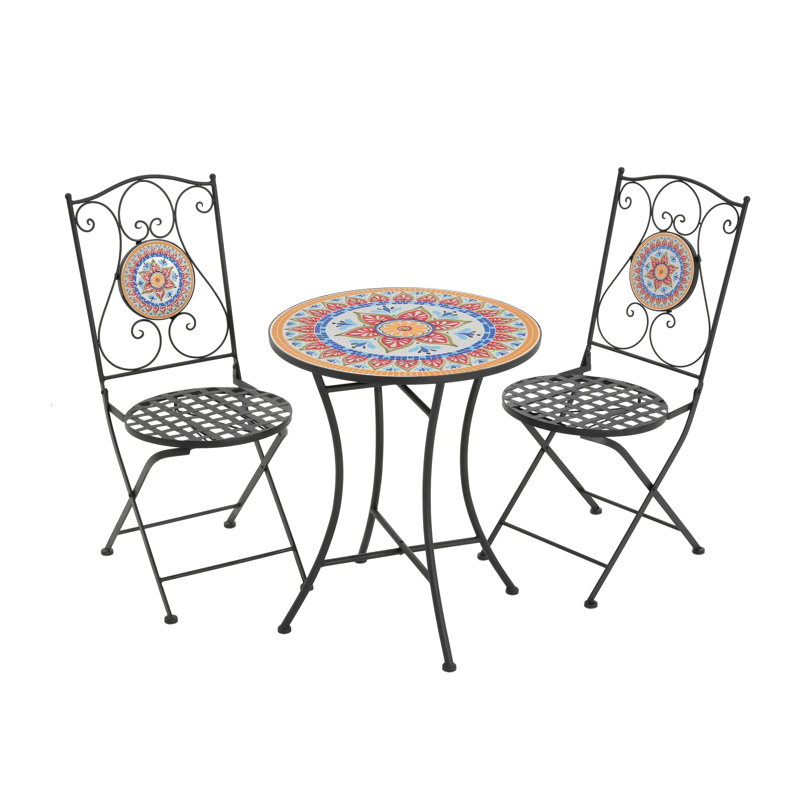  Ensemble bistro 3 pièces, chaises pliantes en métal et table en carreaux de céramique, ensemble de patio extérieur, cadre noir