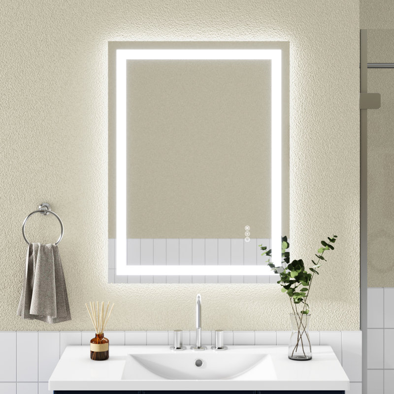 Miroir 24 po x 32 po avec double éclairage DEL, éclairage équilibré, 3 réglages de couleur réglables, gradation du scintillement, installation intégrée flexible, tournevis Ul 12V, trousse d'installation, fonction de rappel de mise hors tension