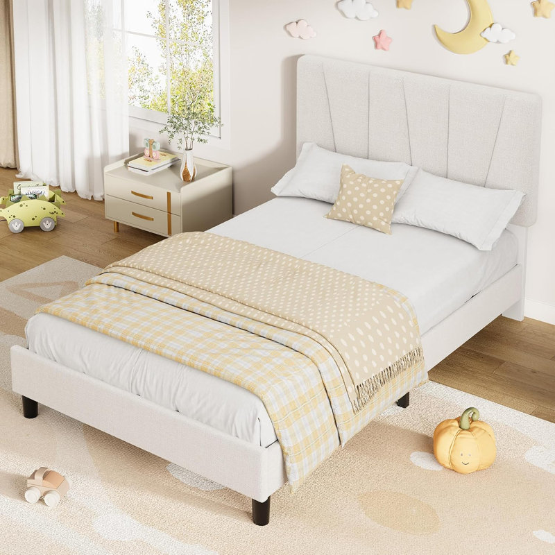 Twin XL Upholstered Platform Bed Frame with Adjustable Headboard, Geometric Wingback