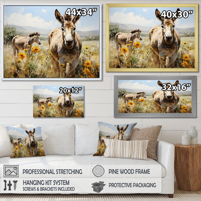Donkey Flower Meadow Landscape I - Donkey, art mural, H 16 po x l 32 po x P 1 po, Cadre flottant doré